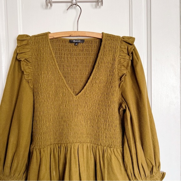 Madewell • Flannel Lucie V-Neck Smocked Mini Dress green ruffle puff sleeve - Picture 3 of 11